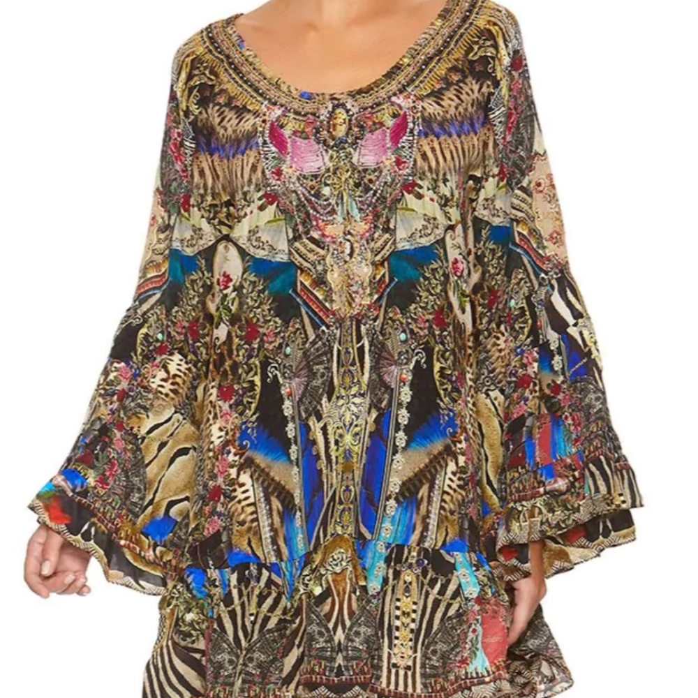 CAMILLA Silk, A-line, Off-The-Shoulder Frill Dress (Stronger Together) L